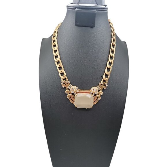 J Crew Chunky Pendant Statement Necklace Flower Rhinestones Beige Center 18" - Picture 1 of 16